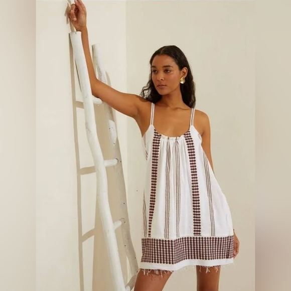 Lemlem Dresses & Skirts - lemlem Tigist Swing Cotton Mini Tank Dress Size Sm Earth Raw Hem  Embroidered